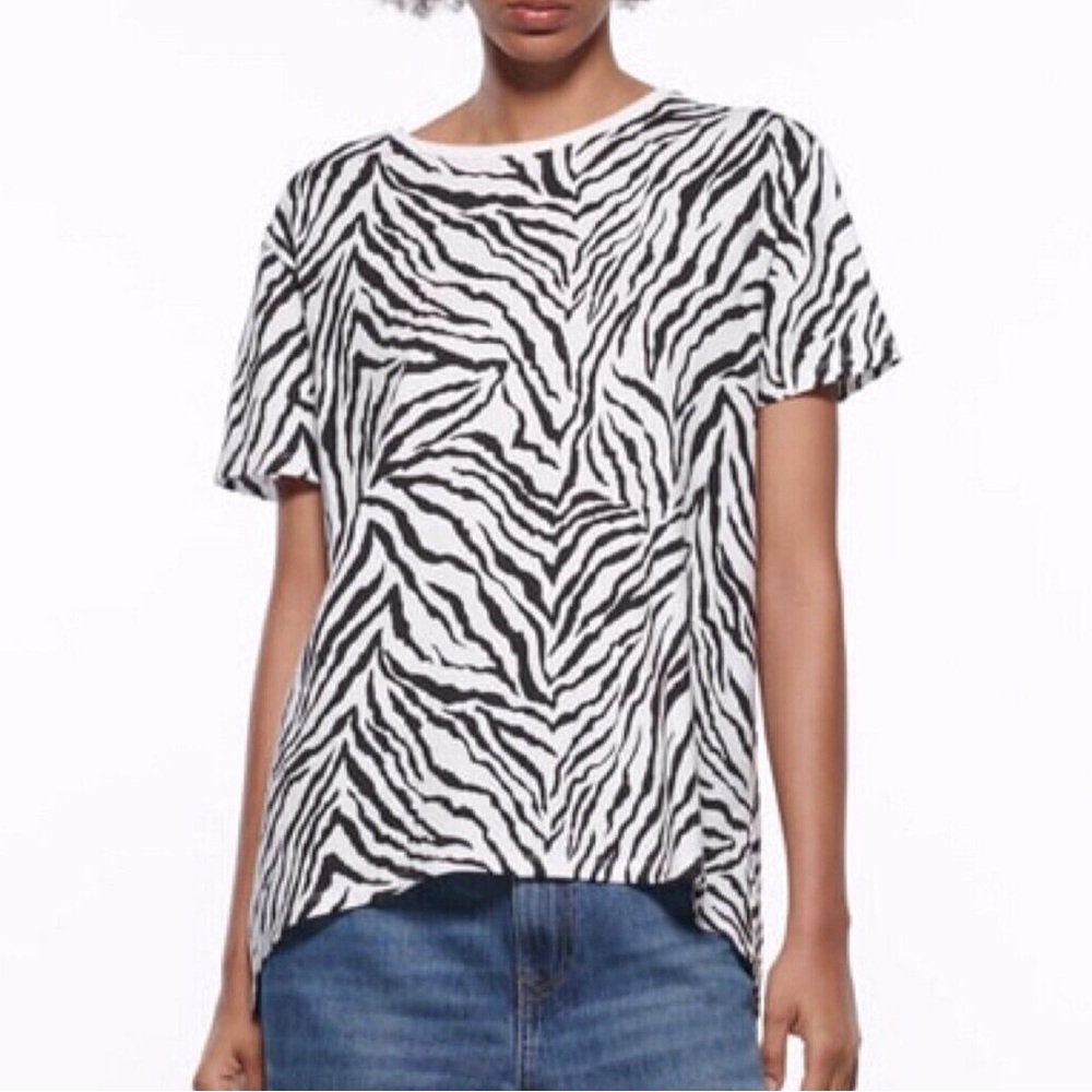 Zara Basics Animal Print Zebra Cotton T-Shirt Hi Lo | Black&White Stripe Medium